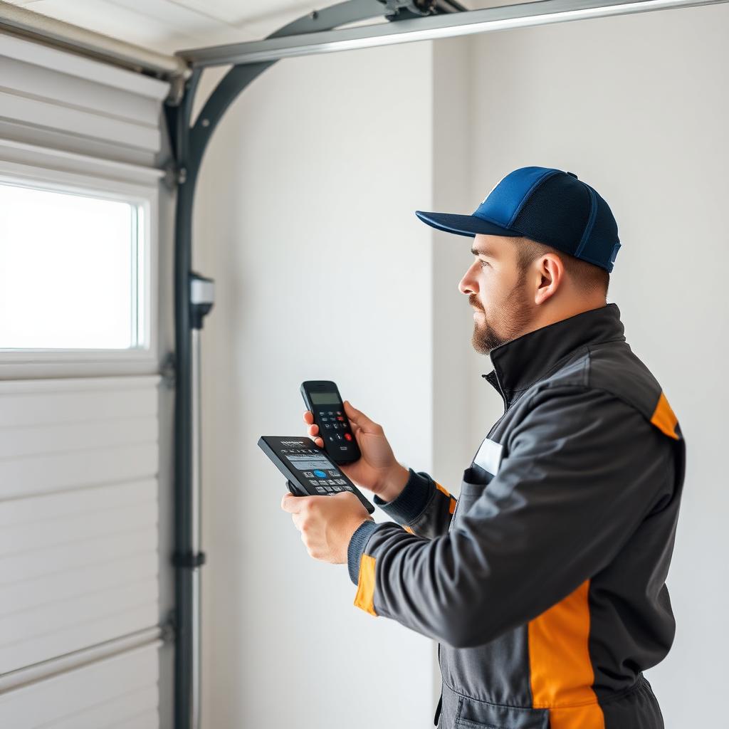 Professional garage door technician programming remote control